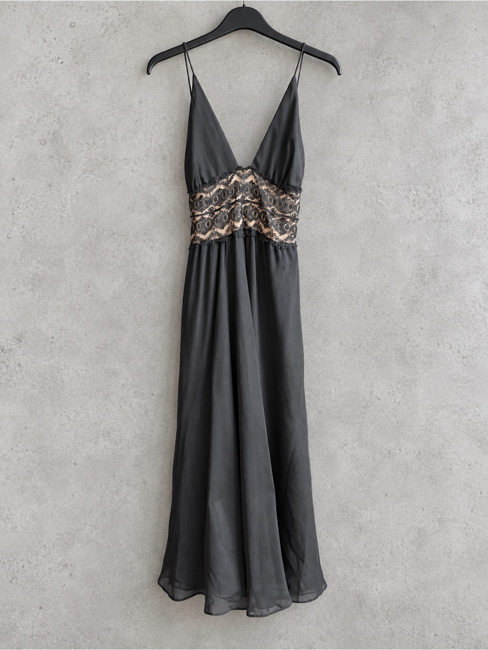 Black Silk Lace Slip Dress Spaghetti Straps Tie Back Romantic